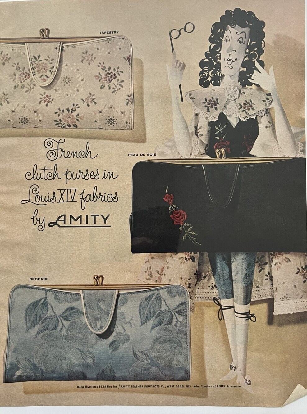 Vtg 1960s Amity Leather Wallet Clutch Purse Print Ad Retro French Fashion 11x14